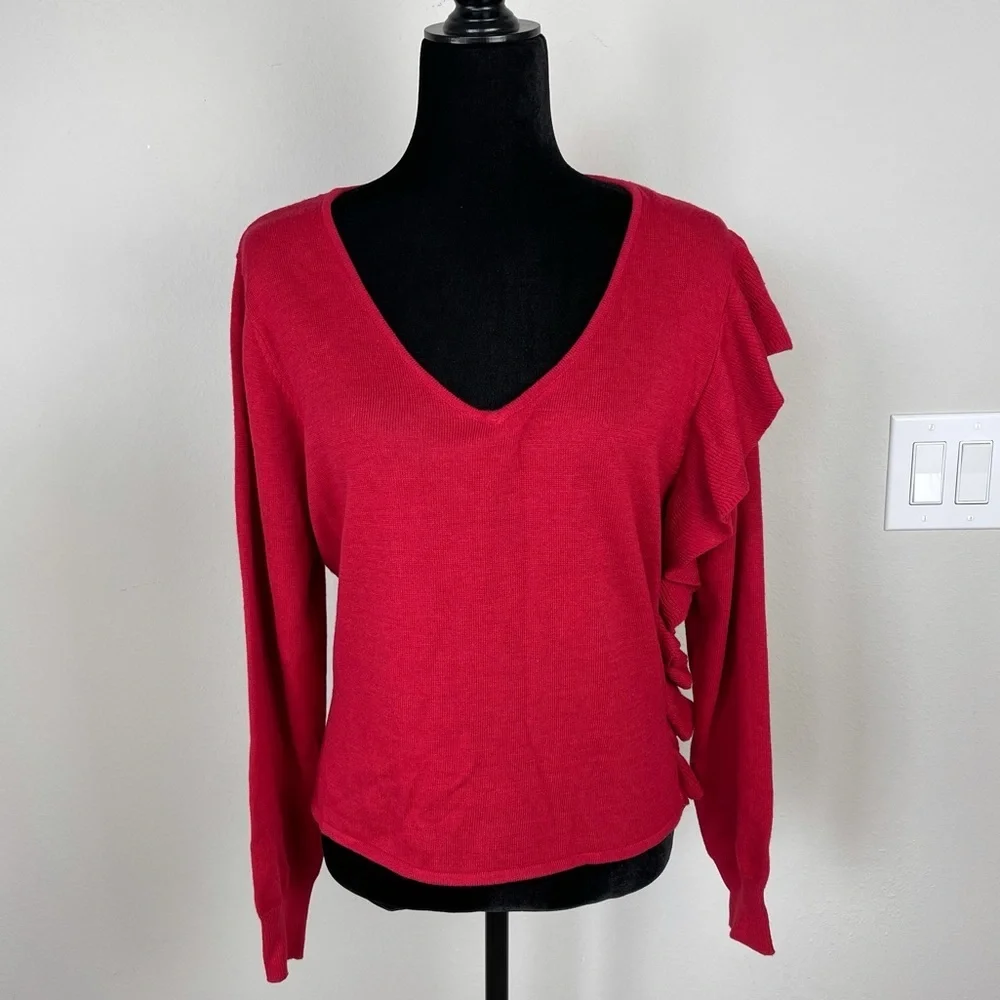 NWT Aqua Ruffled Knit Long Sleeve V-Neck Sweater - Picture 3 of 13